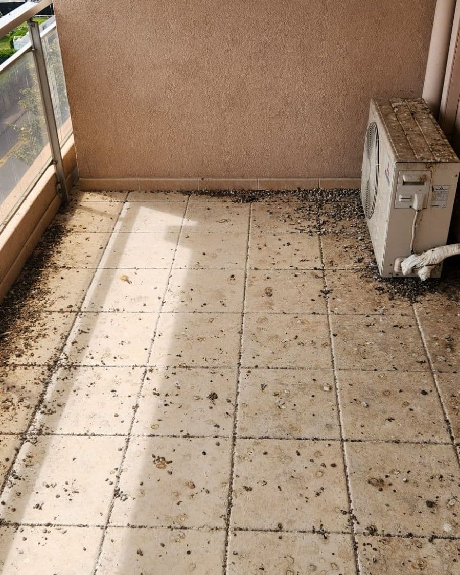Balcon en carrelage avant nettoyage à Cannes, fientes de pigeons accumulées