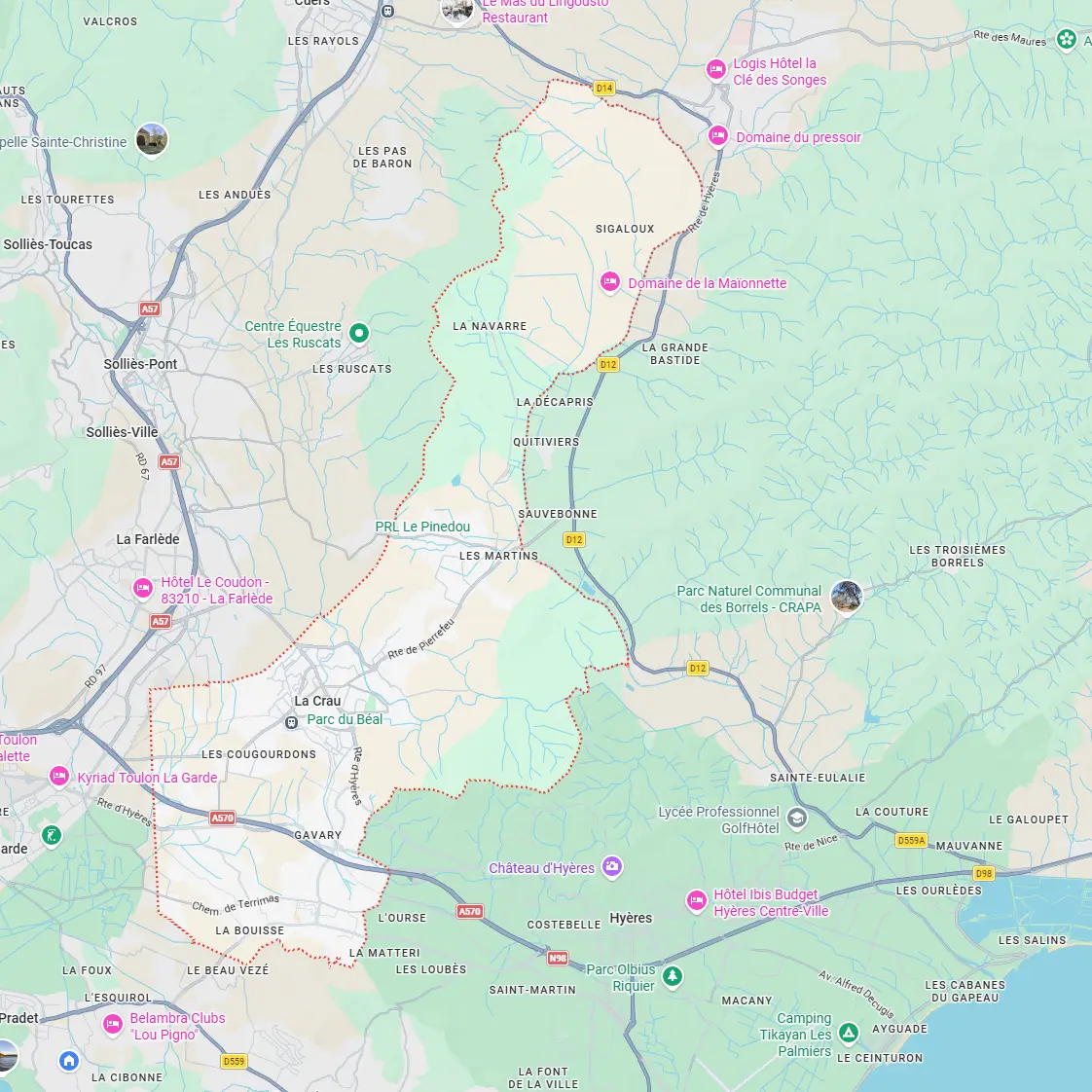 Carte des secteurs d’intervention d’ECONET SOLUTION à La Crau Carte de La Crau présentant les secteurs d'intervention de notre entreprise de nettoyage à La Crau