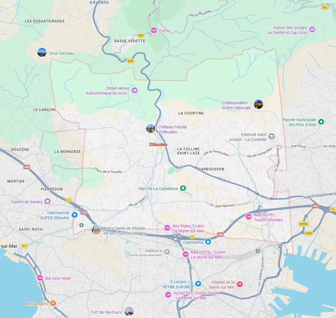 Carte des secteurs d’intervention d’ECONET SOLUTION à Ollioules Carte d'Ollioules présentant les secteurs d'intervention de notre entreprise de nettoyage à Ollioules