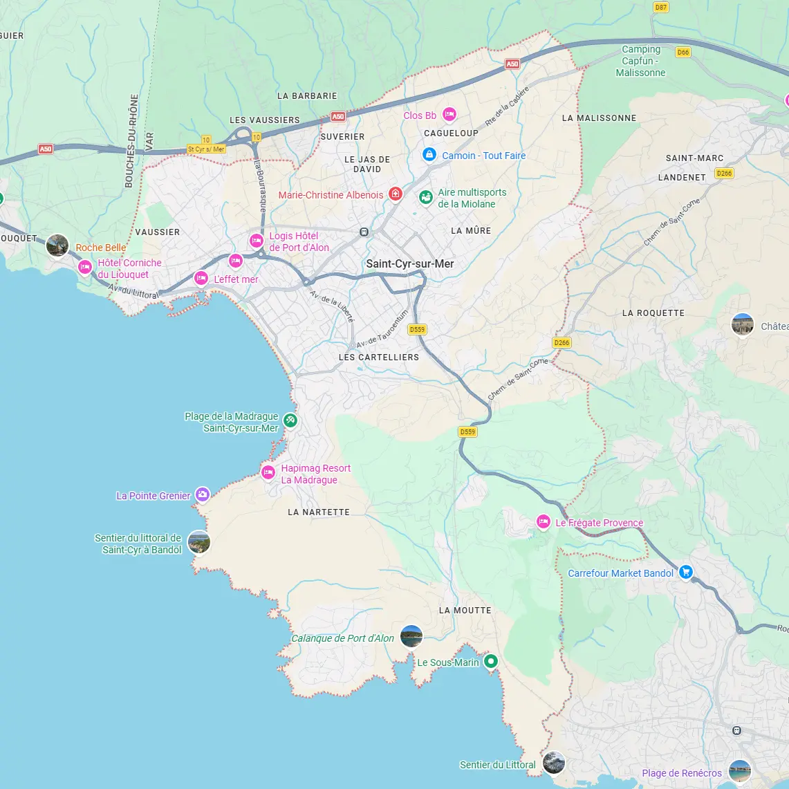 Carte des secteurs d’intervention d’ECONET SOLUTION à Saint-Cyr-sur-Mer Carte de Saint-Cyr-sur-Mer présentant les secteurs d'intervention de notre entreprise de nettoyage à Saint-Cyr-sur-Mer