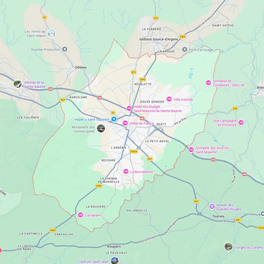Carte de Saint-Maximin-la-Sainte-Baume présentant les secteurs d'intervention de notre entreprise de nettoyage à Saint-Maximin-la-Sainte-Baume