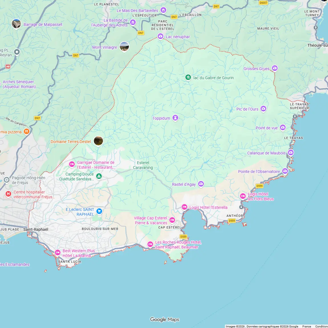 Carte des secteurs d’intervention d’ECONET SOLUTION à Saint-Raphaël Carte de Saint-Raphaël présentant les secteurs d'intervention de notre entreprise de nettoyage à Saint-Raphaël
