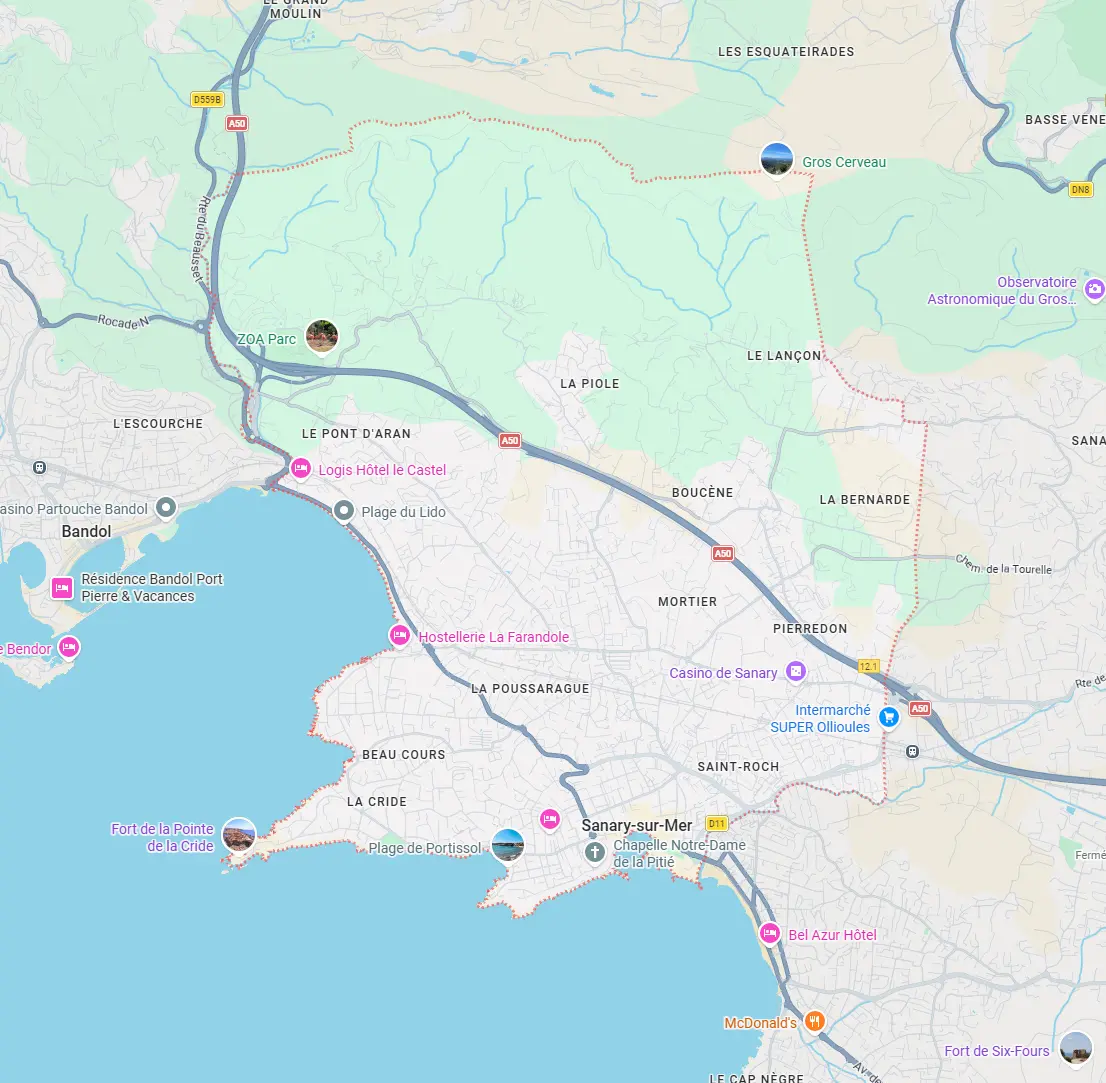 Carte de Sanary-sur-Mer présentant les secteurs d'intervention de notre entreprise de nettoyage à Sanary-sur-Mer