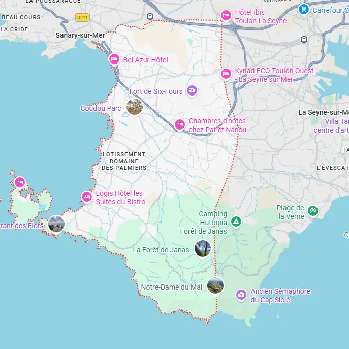 Carte de Six-Fours-les-Plages présentant les secteurs d'intervention de notre entreprise de nettoyage à Six-Fours-les-Plages