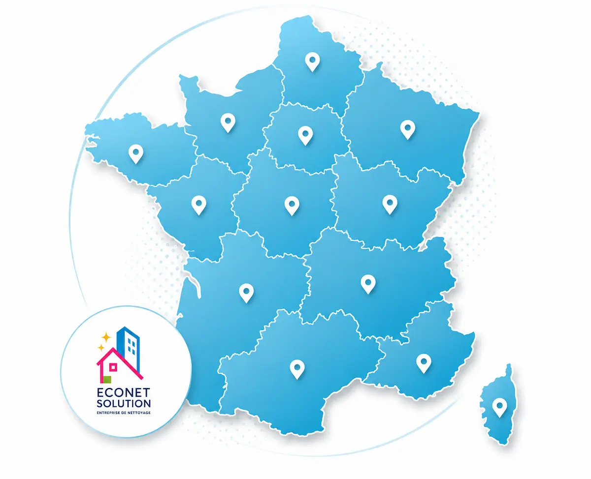 Carte de France illustrant les régions d'intervention d'Econet Solution pour le nettoyage professionnel partout en France