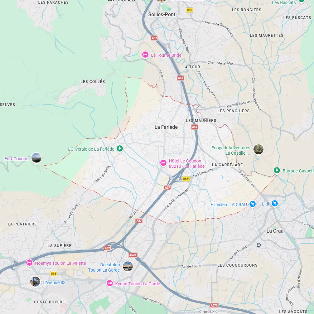Carte de La Farlède (83210) Carte de La Farlède présentant les principaux quartiers où intervient ECONET SOLUTION