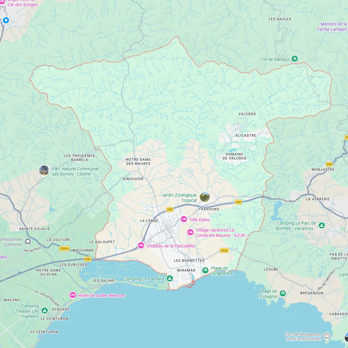 Carte de La Londe-les-Maures présentant les principaux quartiers où intervient ECONET SOLUTION. Entreprise de nettoyage à La Londe-les-Maures.