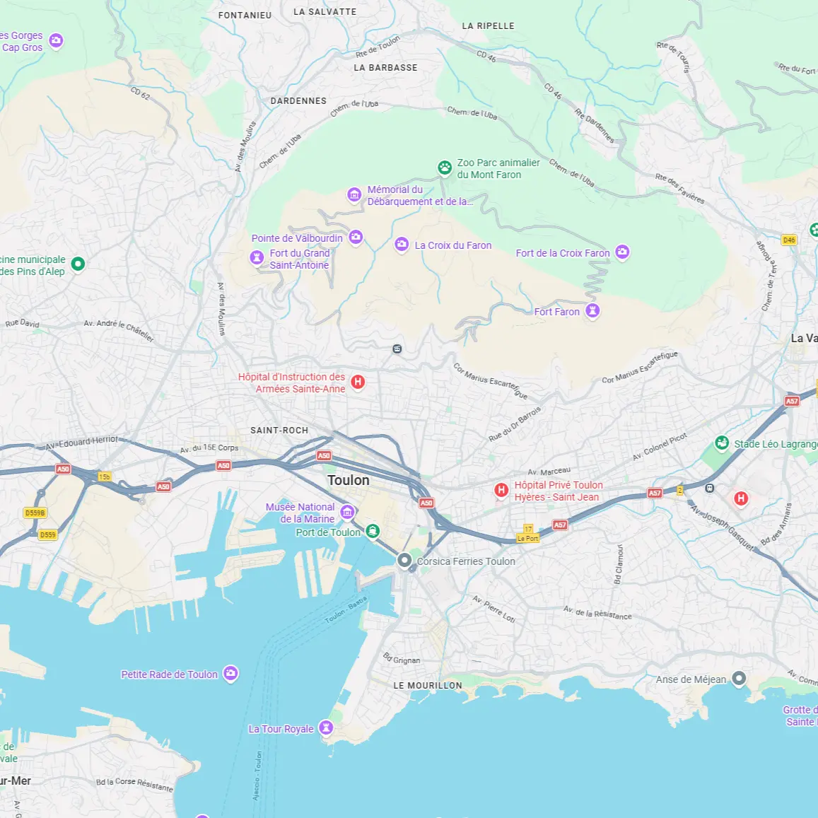 Carte de Toulon présentant les principaux quartiers desservis par ECONET SOLUTION pour les interventions de nettoyage professionnel. Entreprise de nettoyage à Toulon.